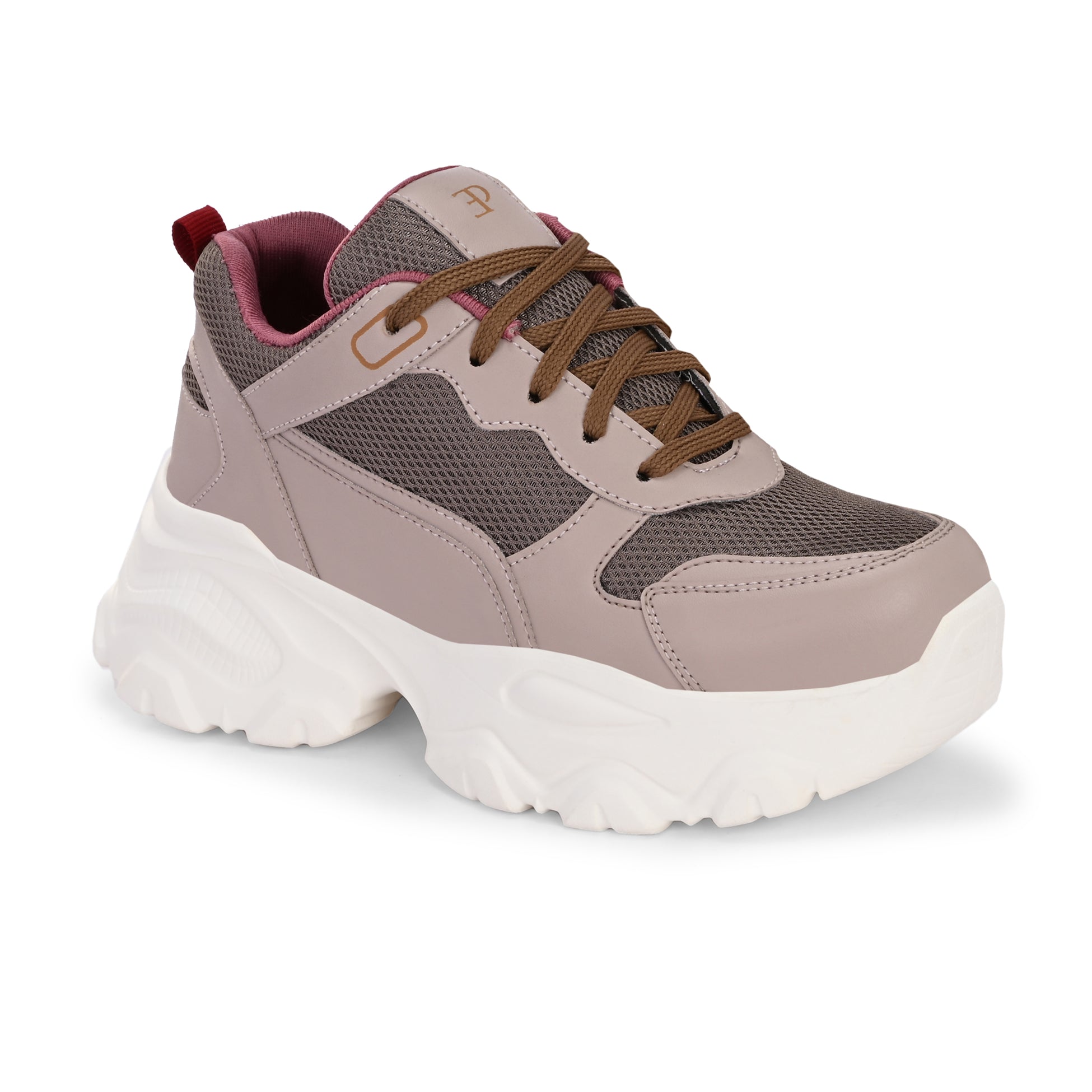 A chunky sneaker with a brown mesh upper, pink leather panels, brown laces, and a thick white sole.