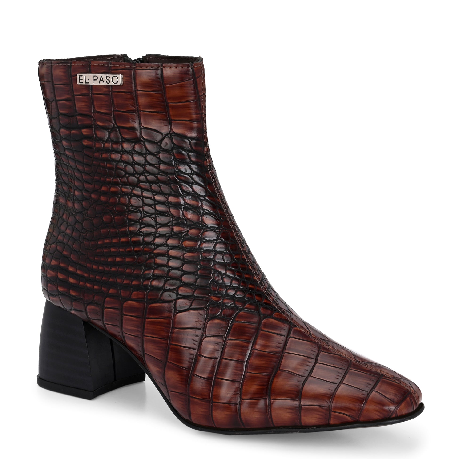 Brown crocodile-patterned high heel boot with a block heel and El Paso branding.