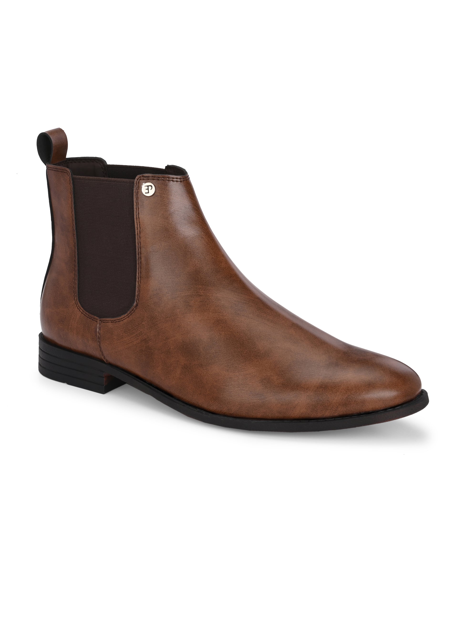 A sleek brown leather boot with elastic side panels, pull tab, low stacked heel, and a polished finish for a versatile look.