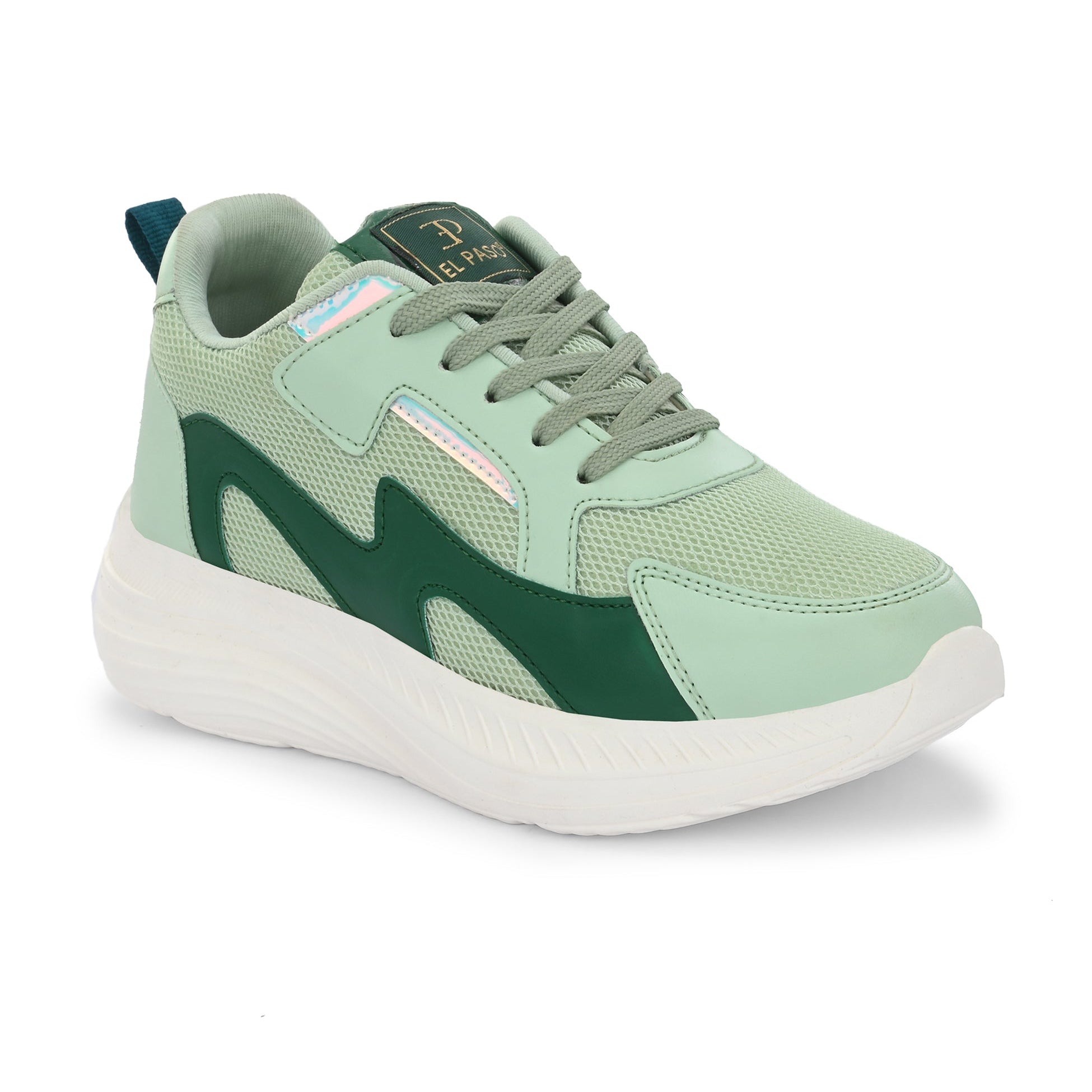 A green and white tennis shoe, designed for athletic activities.