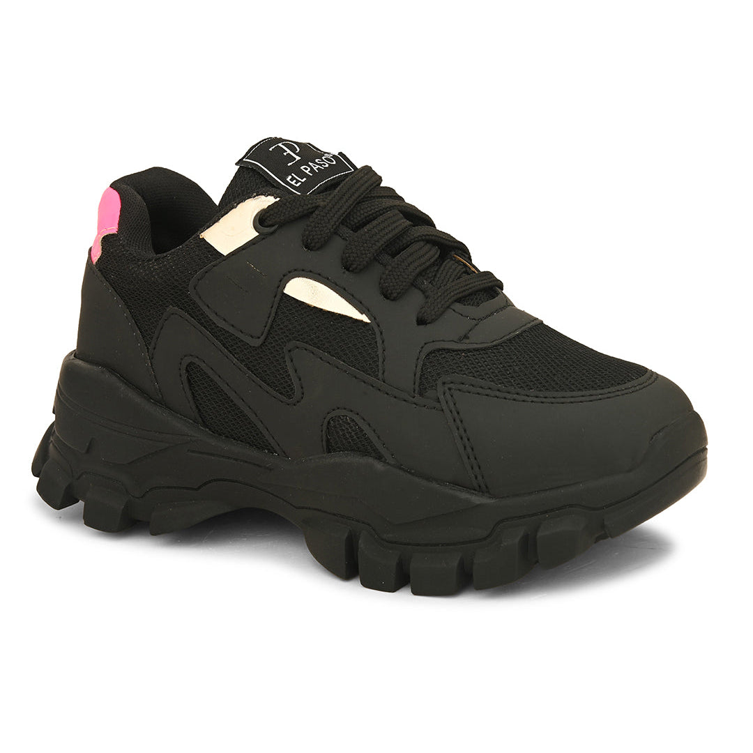 A pair of black El Paso lace-up women's sneakers with chunky soles, mesh detailing, and subtle pink and white accents.