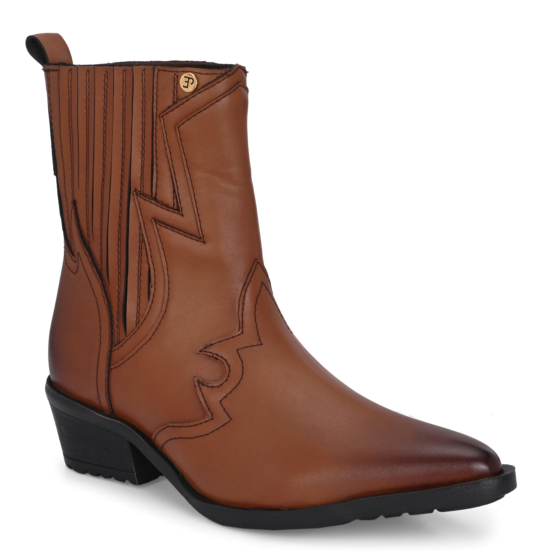 Tan colorLeather Cowboy Ankle Boots with pointed toe, low block heel, stitched detailing, and gold logo accent near the top.