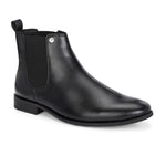 A sleek black leather Chelsea boot for women with elastic side panels, pull tab, low stacked heel, and a polished finish, offering a versatile style like the Men Faux Leather Casual Chelsea Boots.