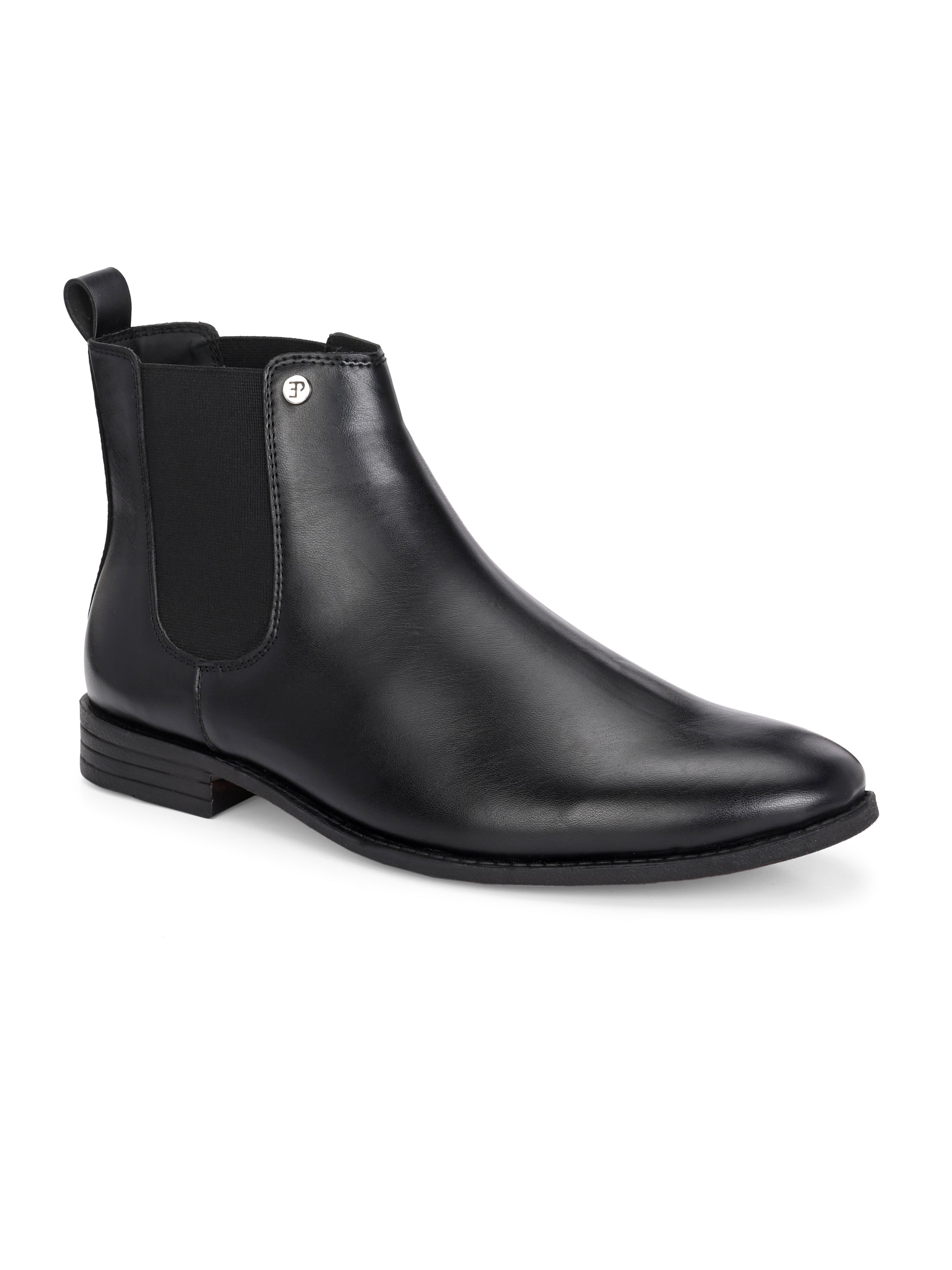 A sleek black leather Chelsea boot for women with elastic side panels, pull tab, low stacked heel, and a polished finish, offering a versatile style like the Men Faux Leather Casual Chelsea Boots.