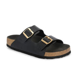 Black Women's casual flat heel buckle strap sandal