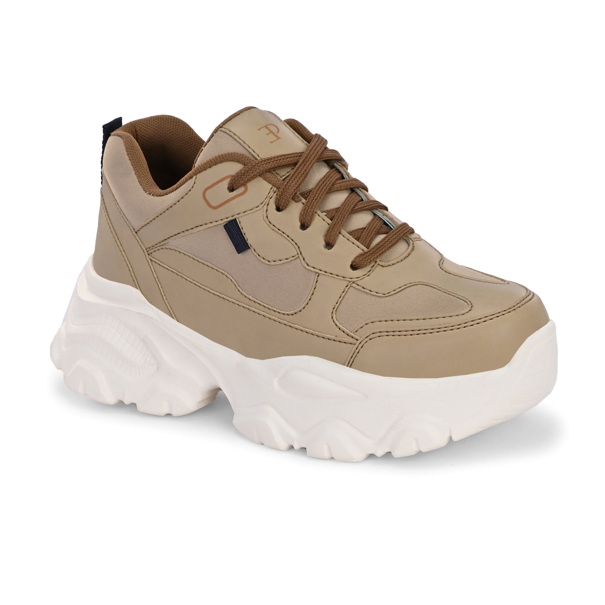 Beige chunky sneaker with a textured white sole, brown laces, and modern detailing, designed for casual and stylish wear.