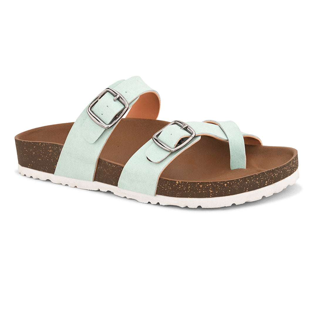 Blue cork-sole sandal with two adjustable straps featuring silver buckles and a casual slip-on design.