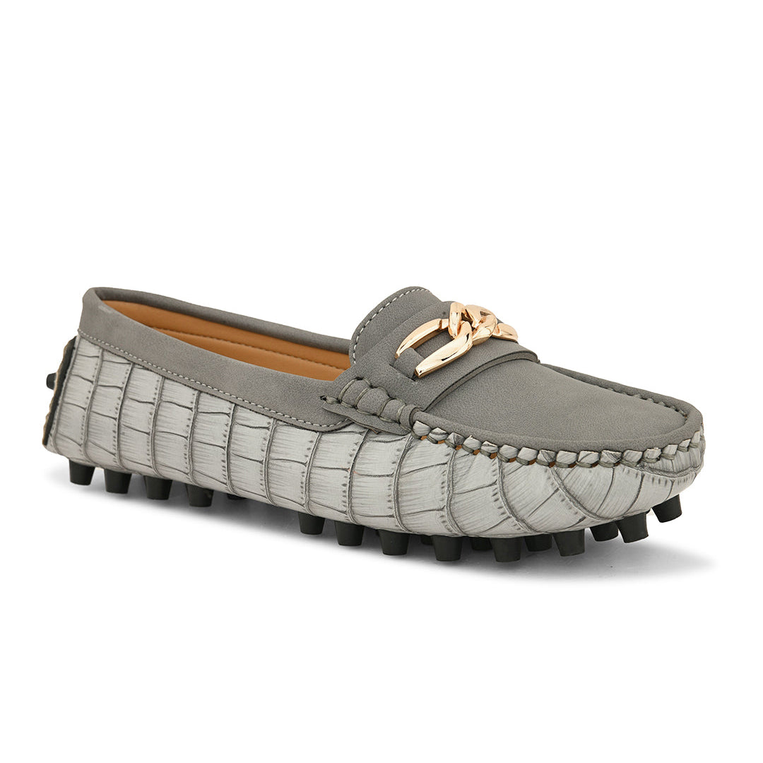 A gray slip-on shoe with a sleek design.