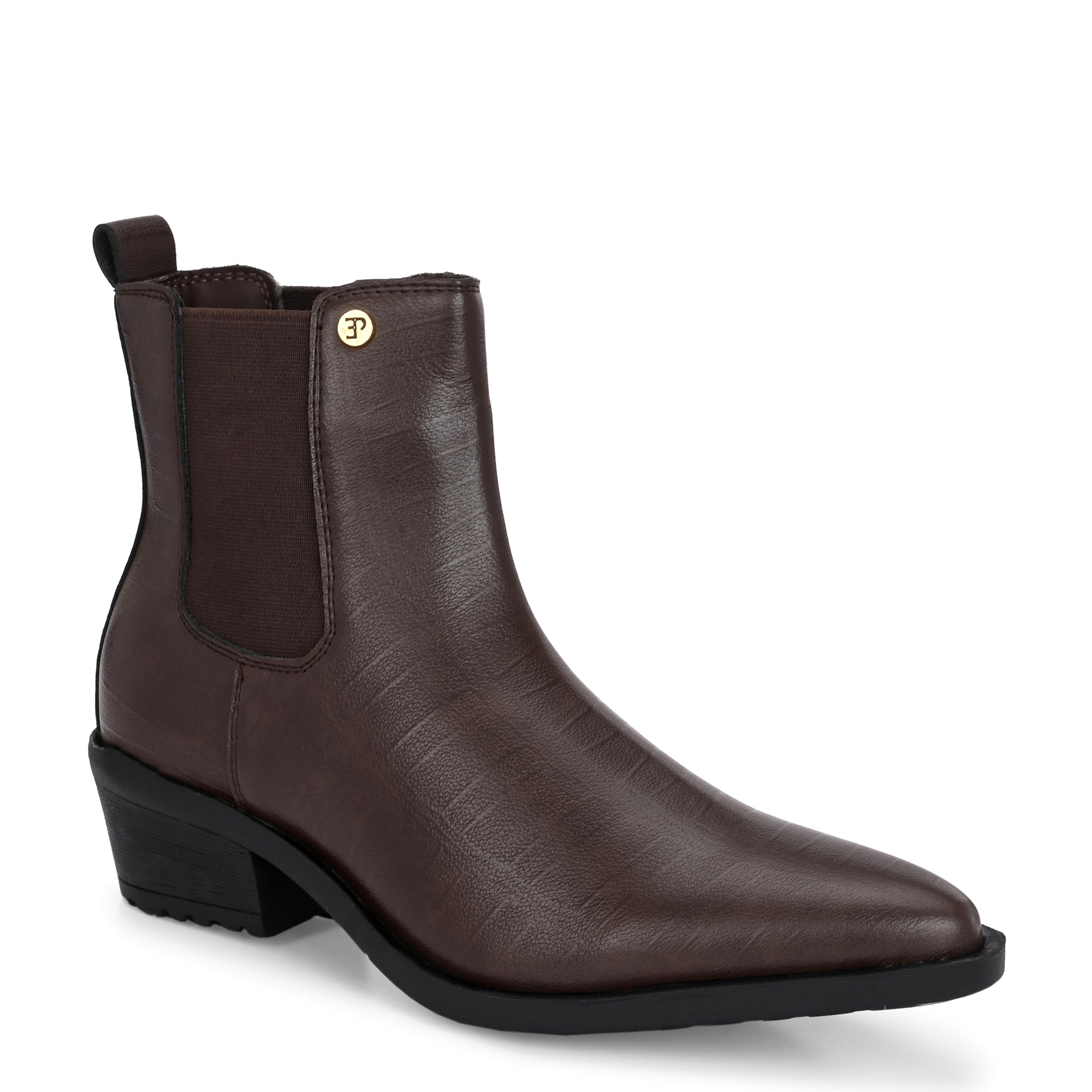 Black women pointed toe Faux Leather boot with a low heel and elastic side panels.