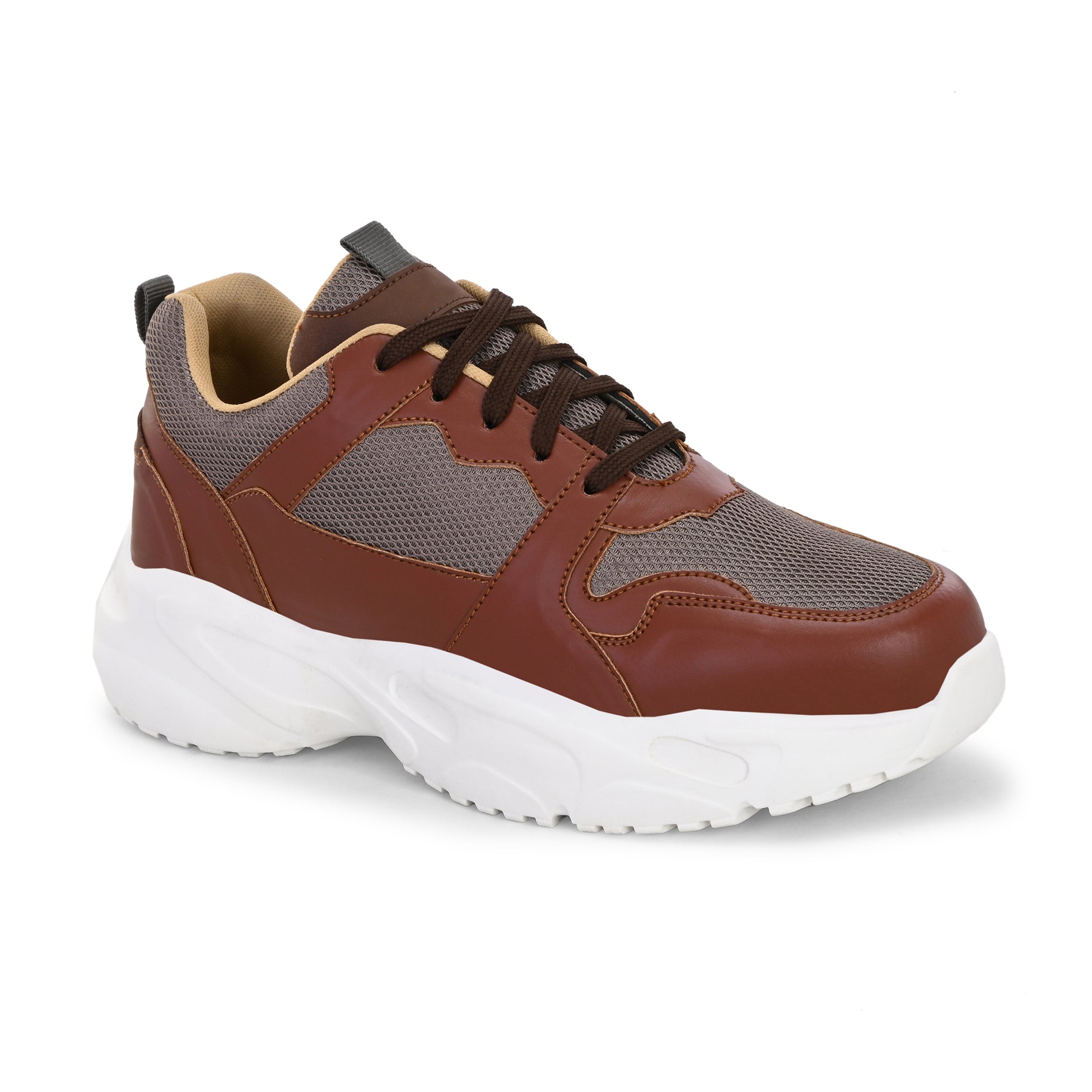 brown and grey mesh Men's casual sneakers with a chunky white sole, offering a stylish and comfortable look.