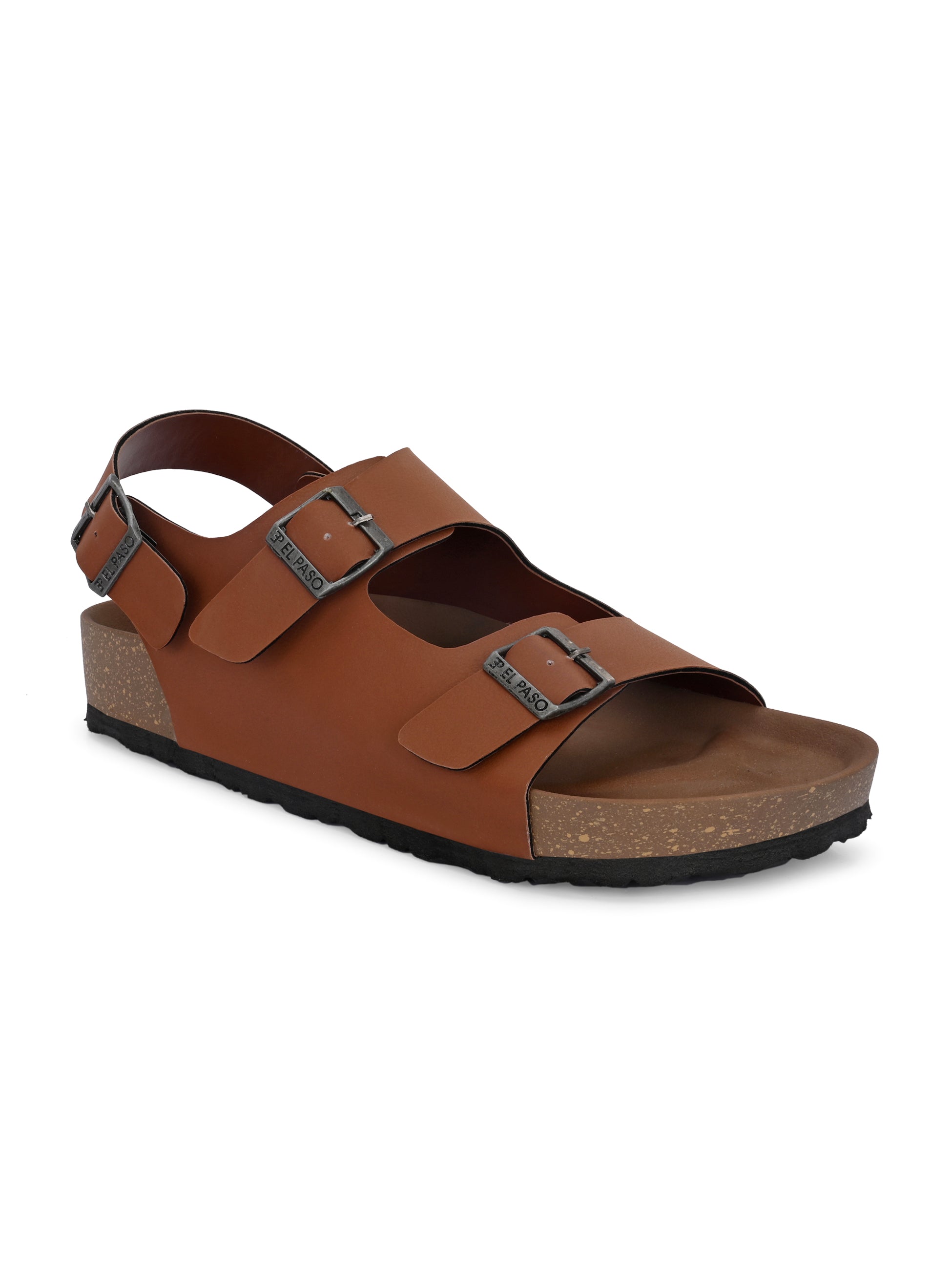 Tan Men's casual flat heel buckle strap sandal with back strap closure