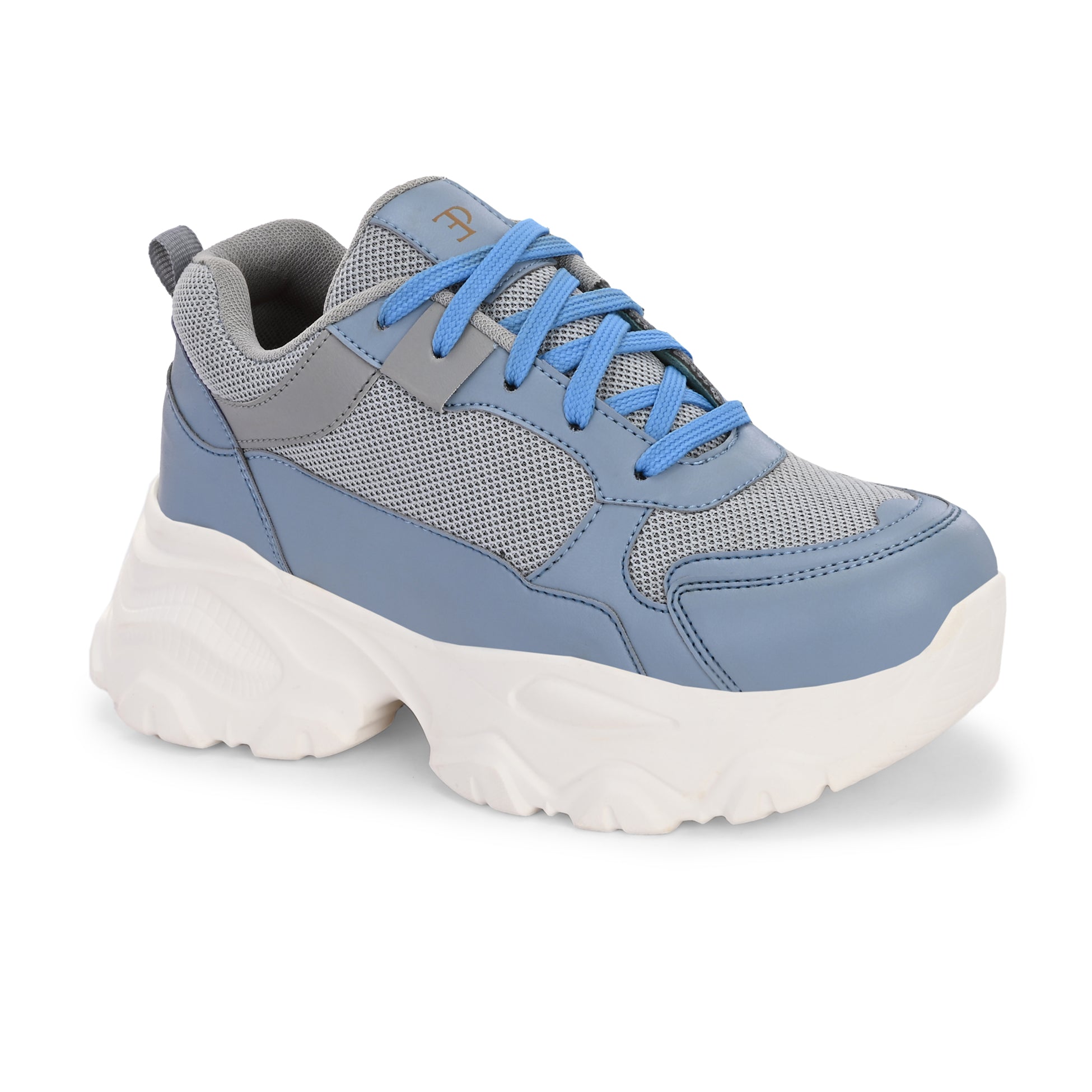 Women Casual Lace Up Sneaker with a gray mesh upper, blue leather panels, blue laces, and a thick white sole.