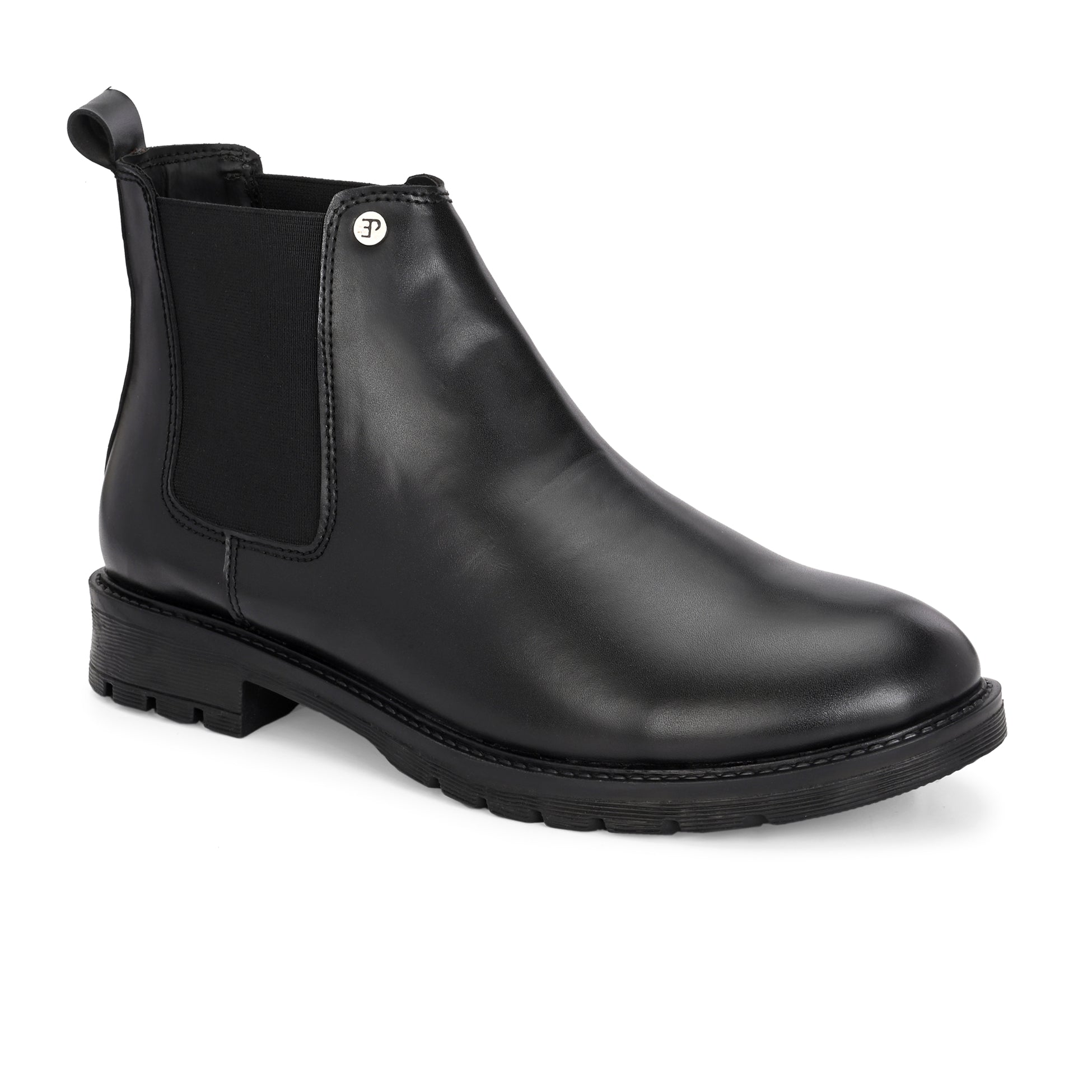 Black leather Classic Chelsea boot with elastic side panels, pull-tab at the heel, rounded toe, and a small metallic brand logo near the ankle.