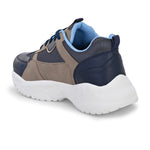 Navy blue and beige sneakers with a sporty chunky white sole