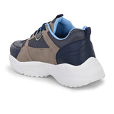 Navy blue and beige sneakers with a sporty chunky white sole