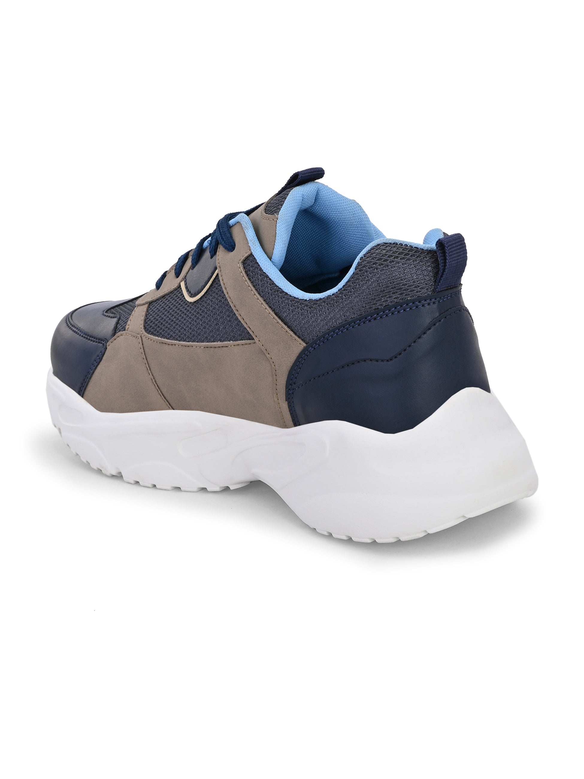 Navy blue and beige sneakers with a sporty chunky white sole