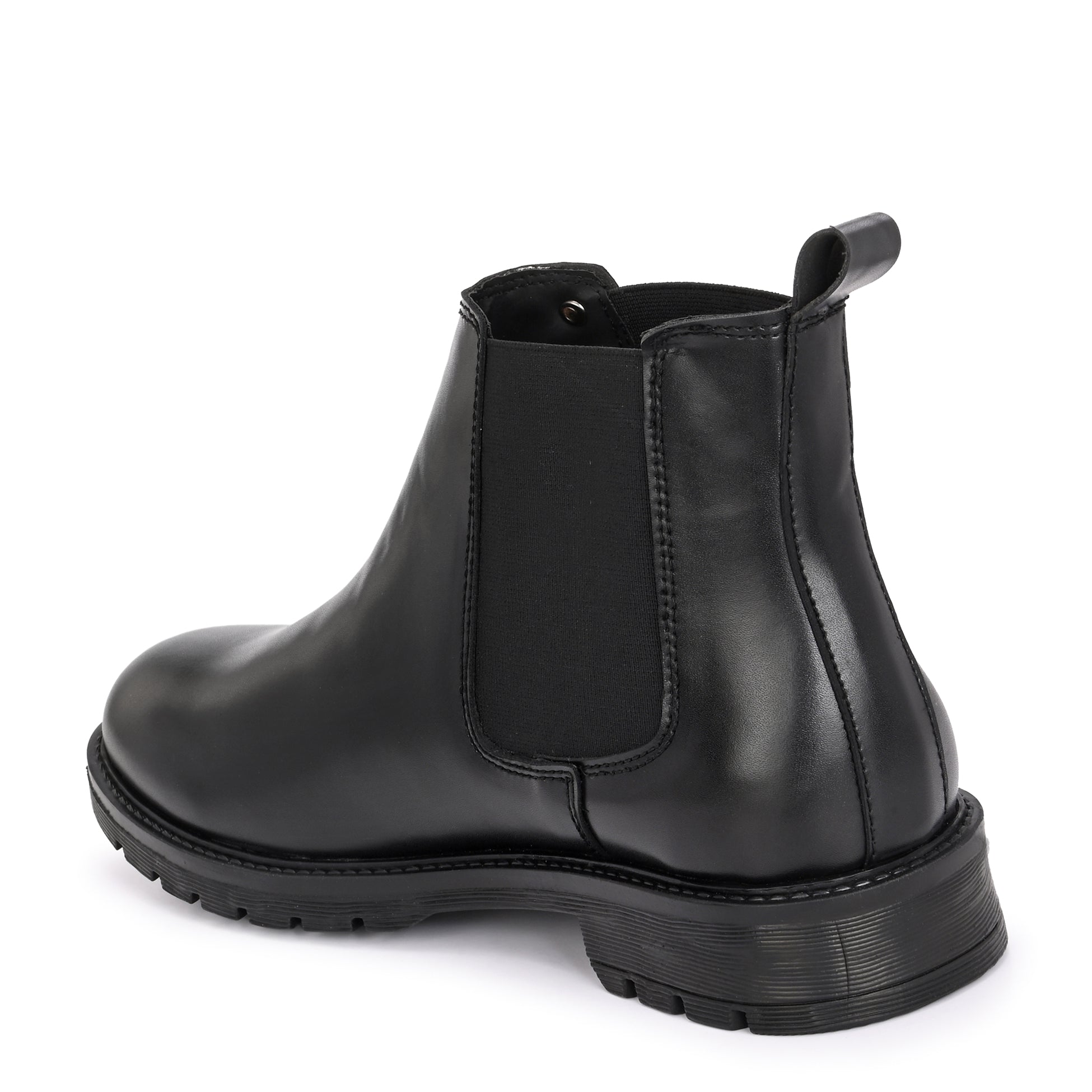 Classic Chelsea boots with elastic side panels, a pull-tab at the heel, rounded toe, and a small metallic brand logo near the ankle.