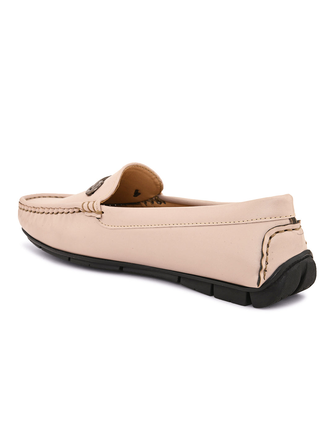 Beige leather loafer with black sole and silver buckle detail. add women's casual slip on loafers