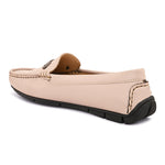 Beige leather loafer with black sole and silver buckle detail. add women's casual slip on loafers