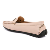 Beige leather loafer with black sole and silver buckle detail. add women's casual slip on loafers