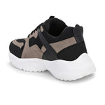 Stylish black and beige sneakers with a modern chunky white sole.