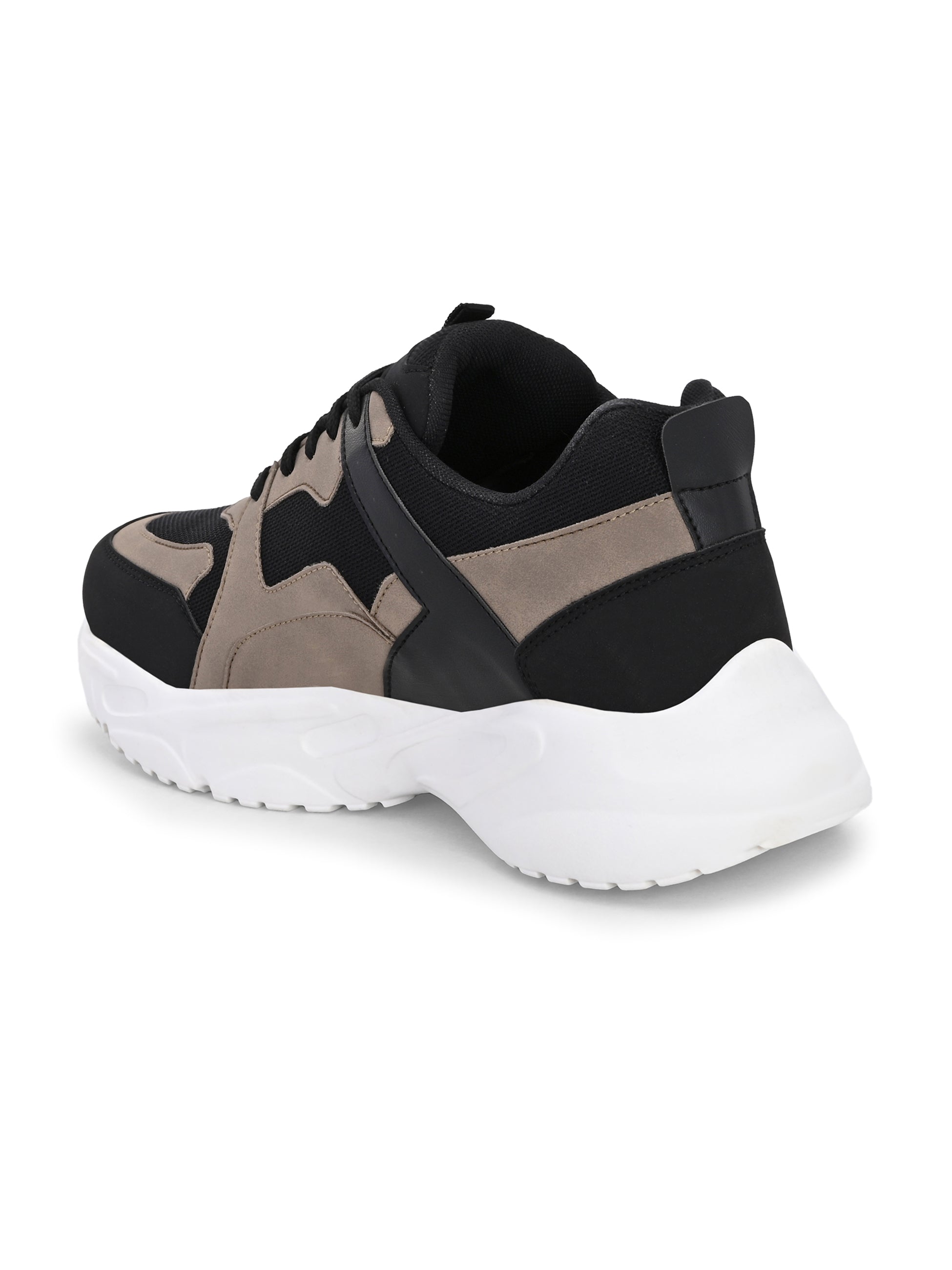 Stylish black and beige sneakers with a modern chunky white sole.