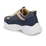 Navy blue and beige sneakers with a sleek design and durable chunky sole.