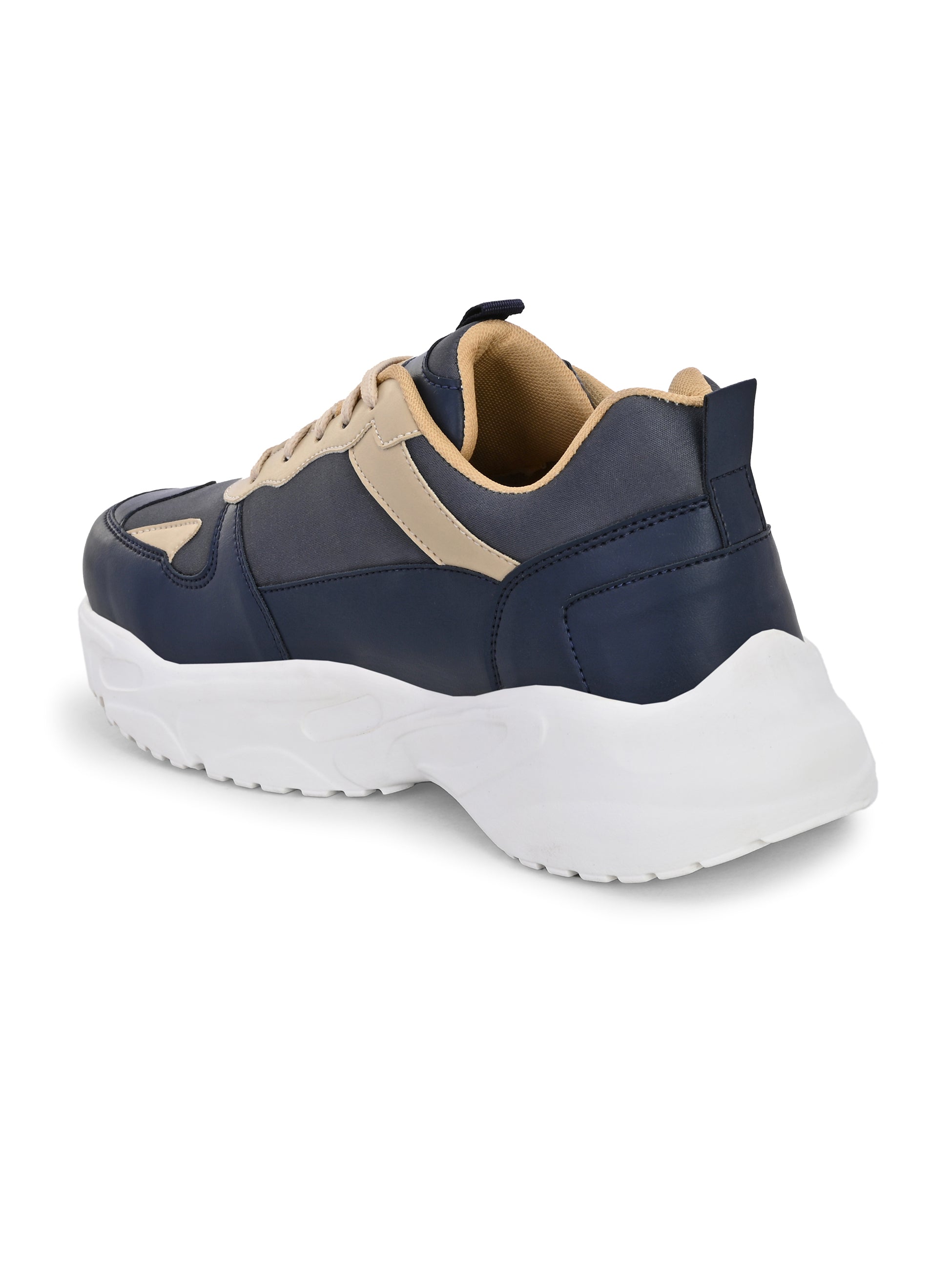 Navy blue and beige sneakers with a sleek design and durable chunky sole.