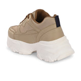 Beige sneaker with a textured white sole, brown laces, and modern detailing, designed for casual and stylish wear.