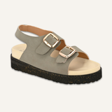 Grey Leather Flat with Buckle For Women