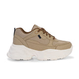 Beige sneaker with a textured white sole, brown laces, and modern detailing, designed for casual and stylish wear.