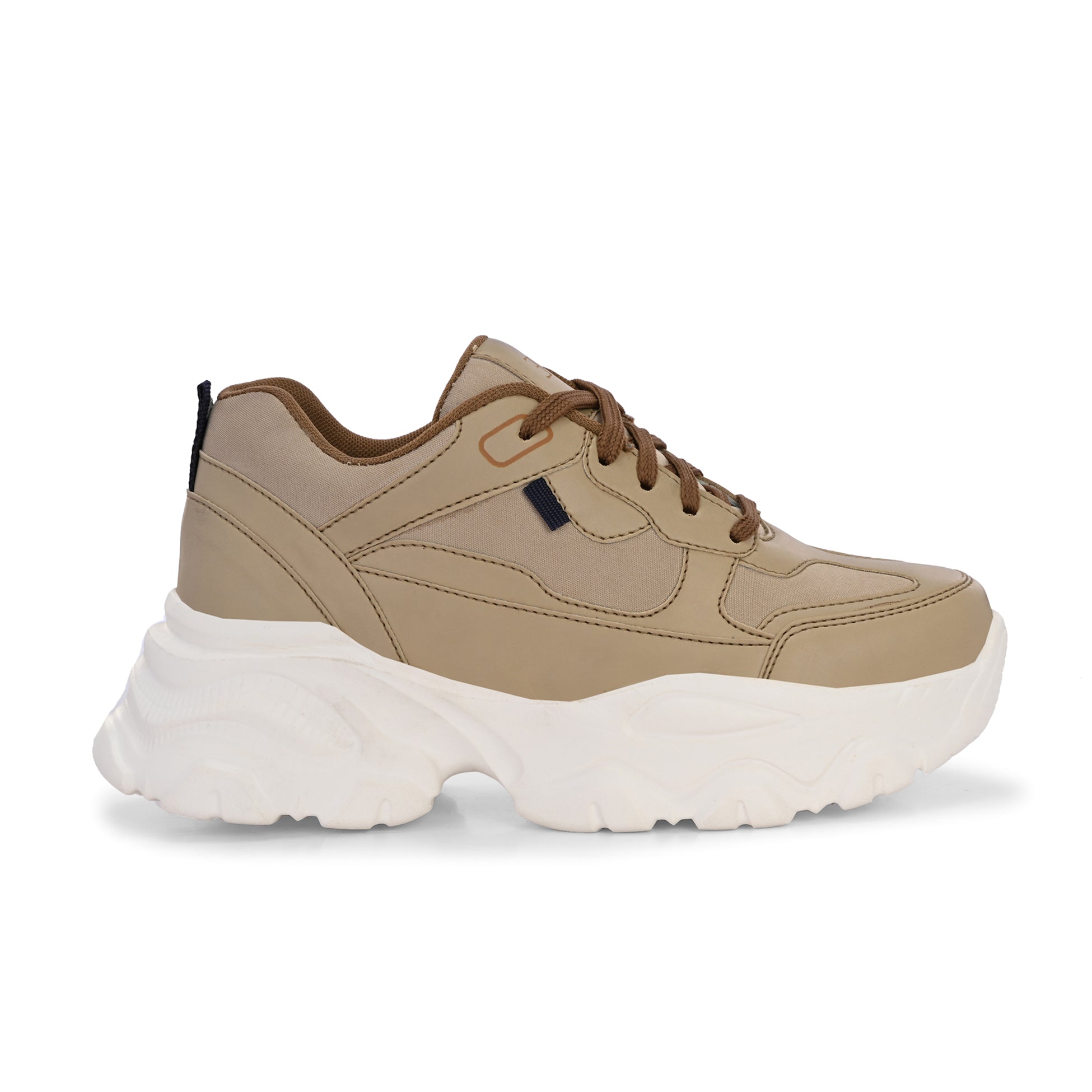 Beige sneaker with a textured white sole, brown laces, and modern detailing, designed for casual and stylish wear.