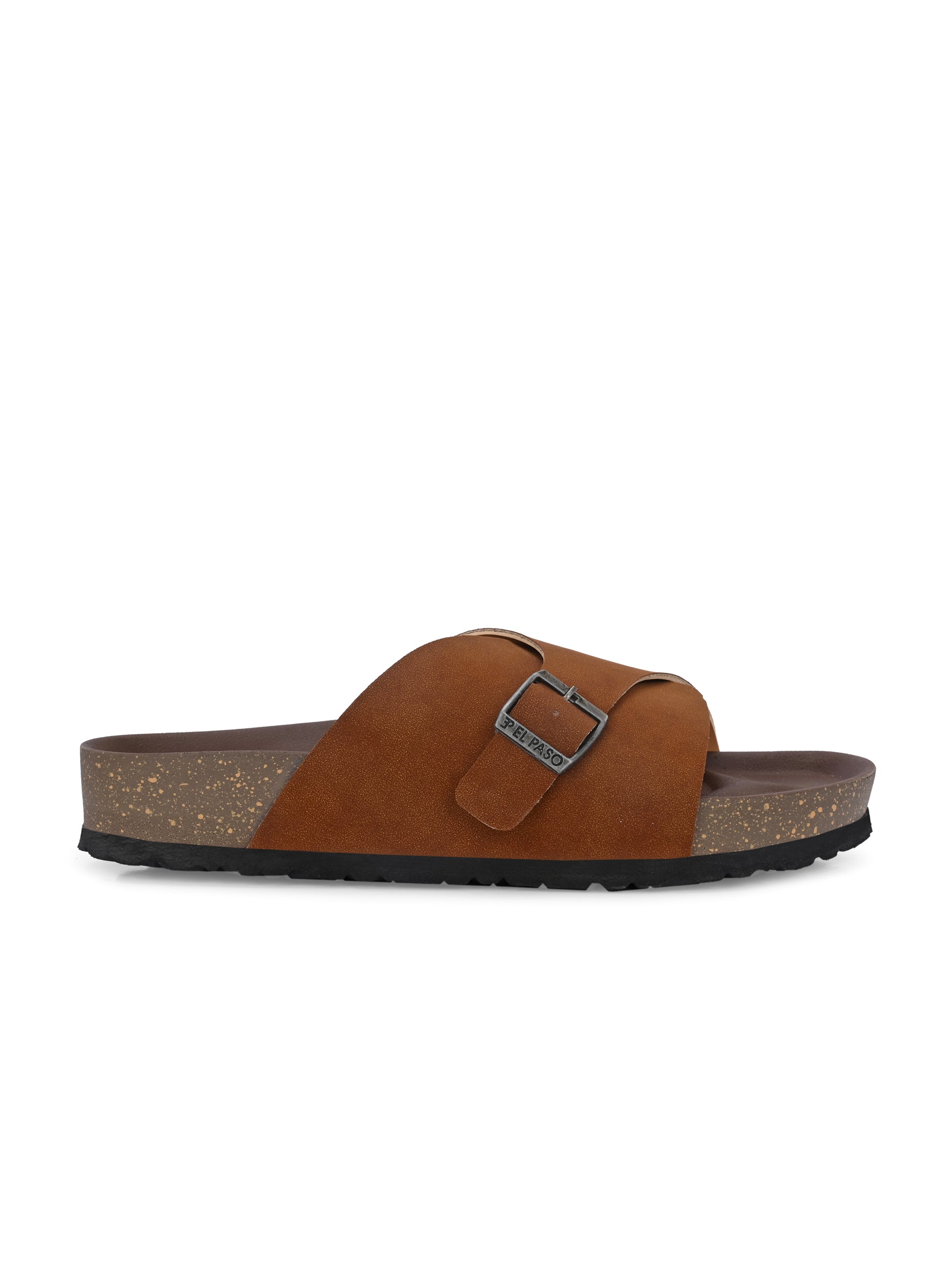 Tan Men's casual flat heel with buckle strap slip-on sandal