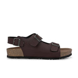 Brown Men's casual flat heel buckle strap sandal with back strap closure 