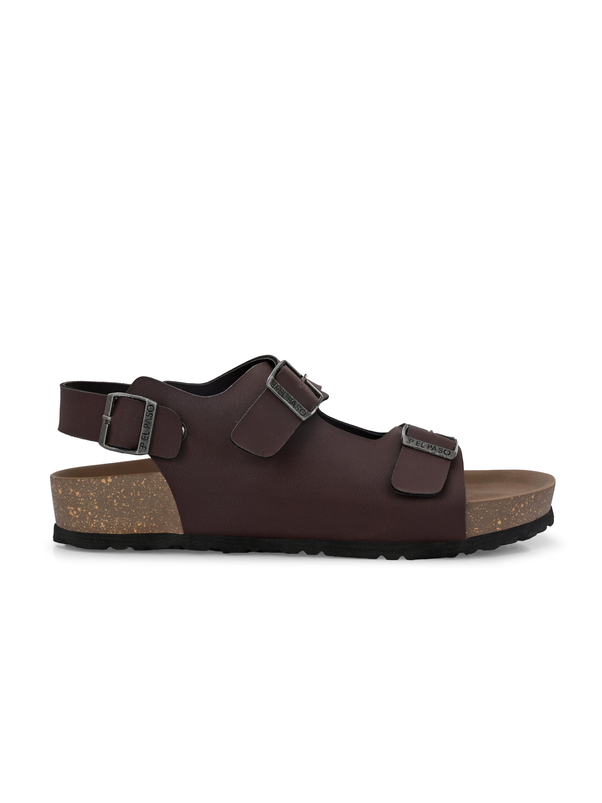 Brown Men's casual flat heel buckle strap sandal with back strap closure 