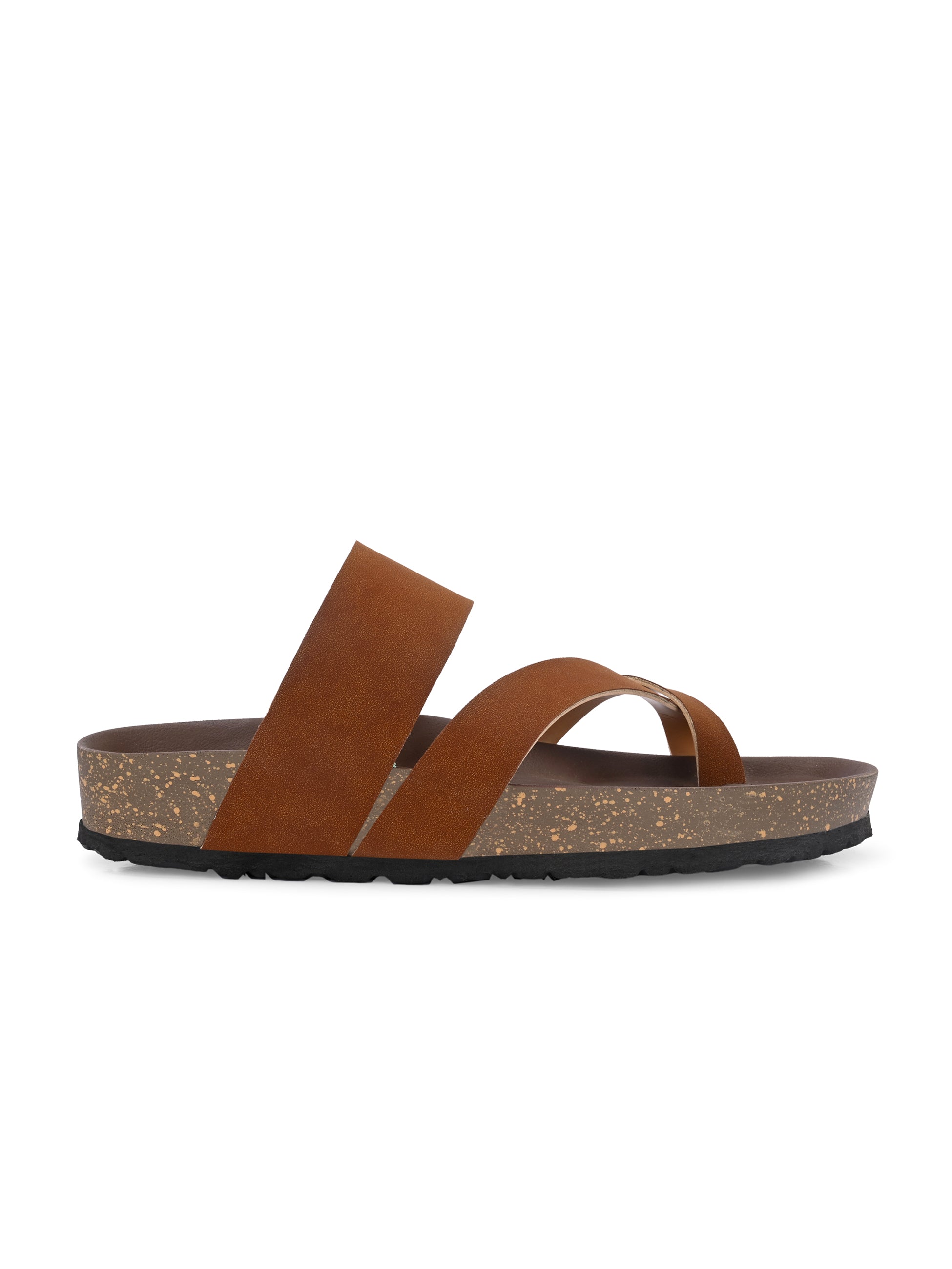 Tan Men's casual flat heel one-toe buckle strap closure sandal