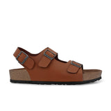 Tan Men's casual flat heel buckle strap sandal with back strap closure