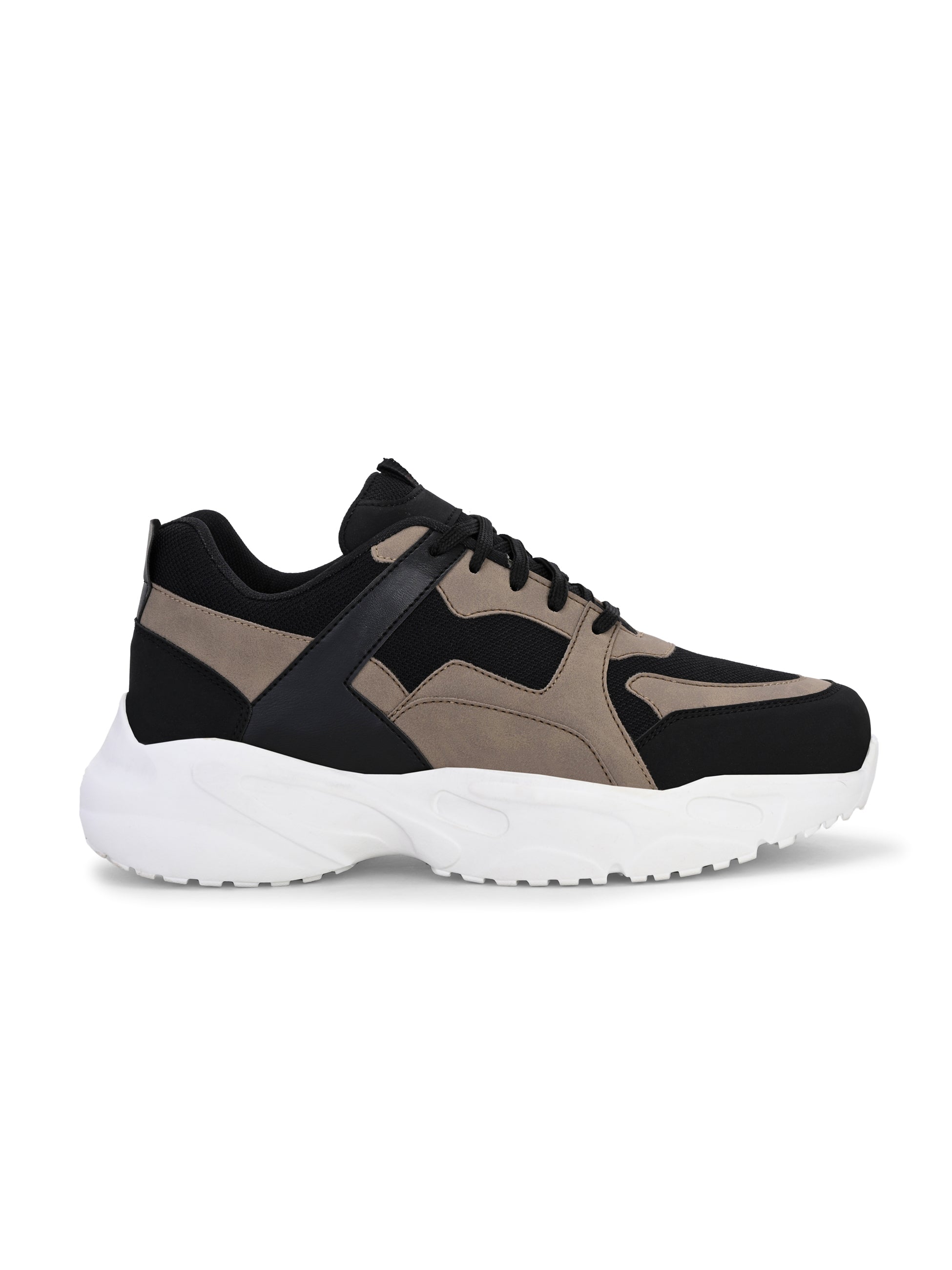 Stylish black and beige sneakers with a modern chunky white sole.