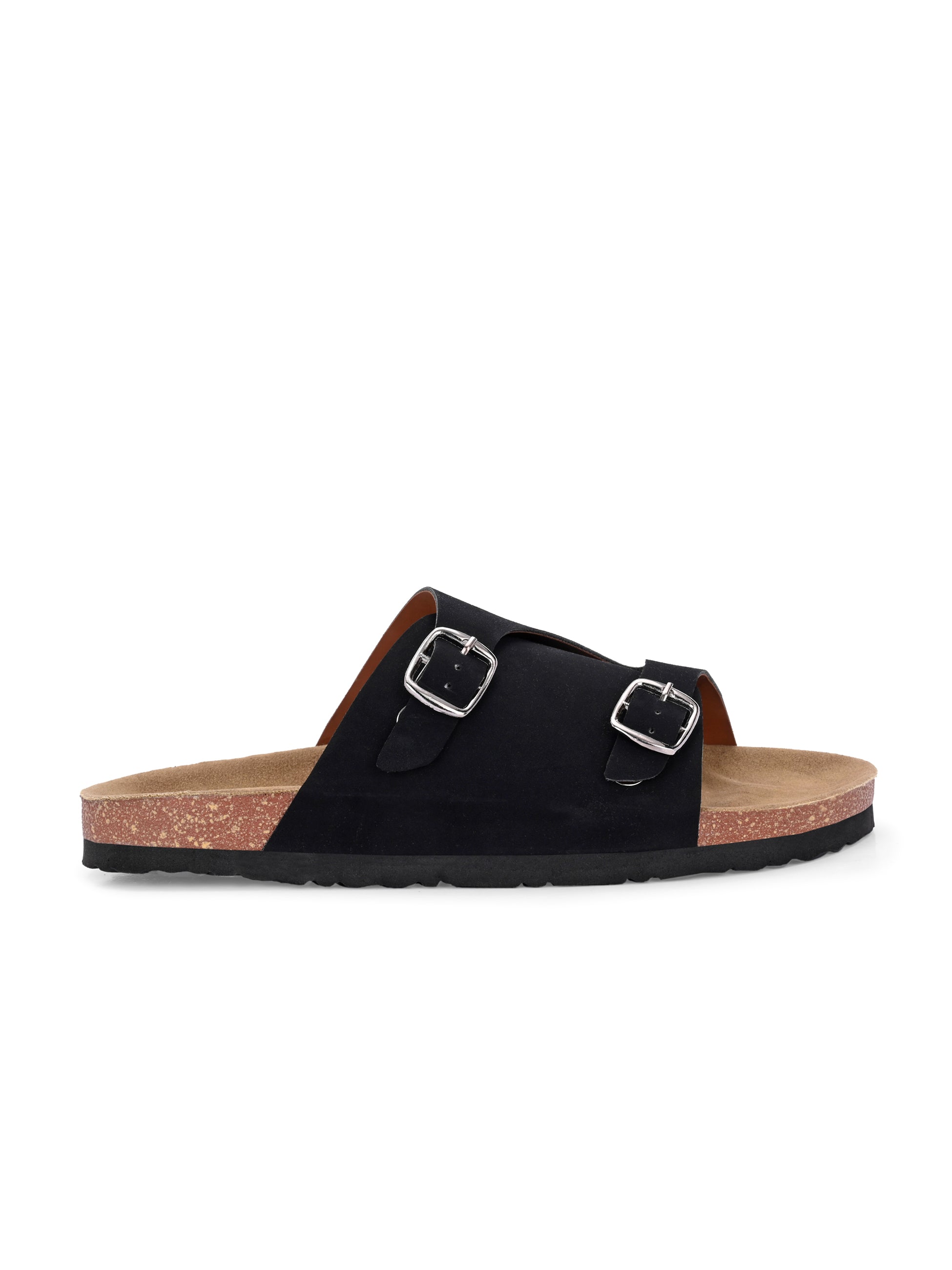 Men's casual Dark Black sandals with slip-on style and buckle strap