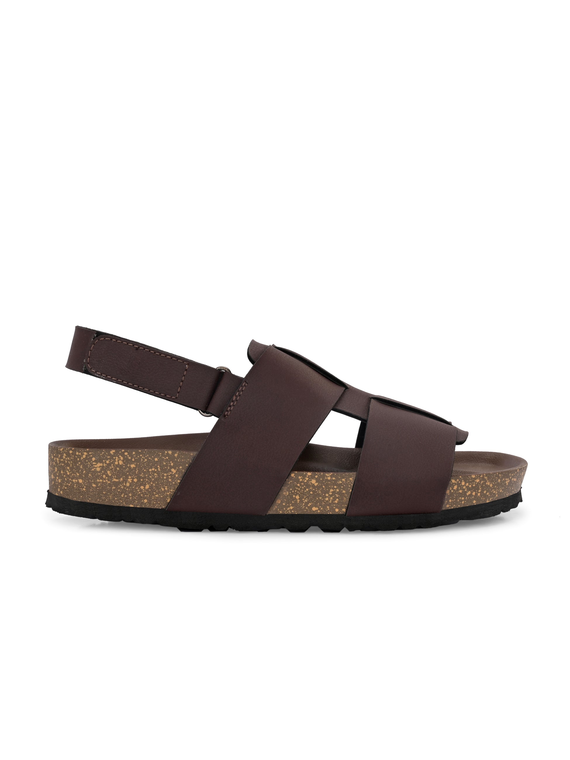 Brown Men's casual  flat heel buckle strap sandal with back strap closure