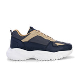 Navy blue and beige sneakers with a sleek design and durable chunky sole.