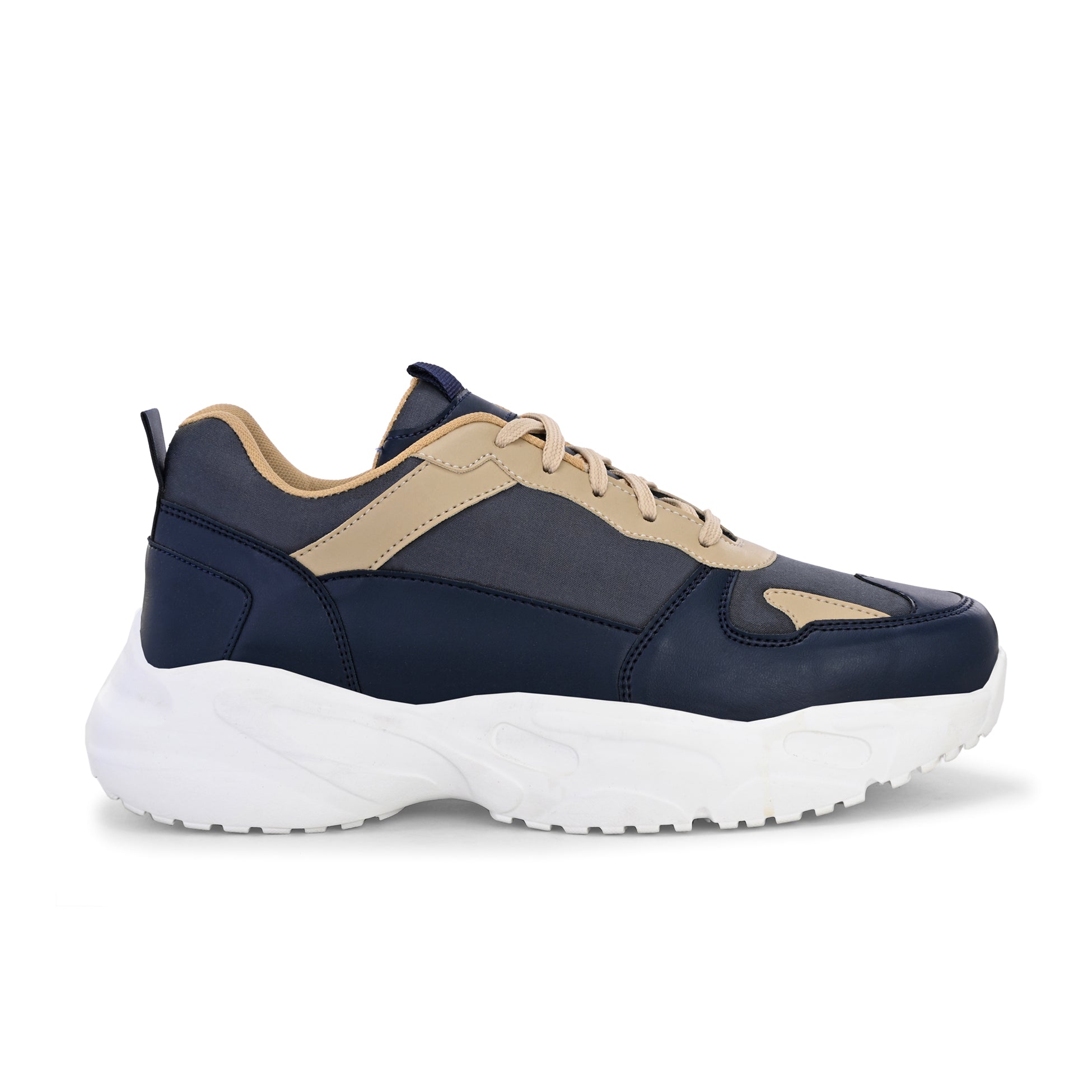 Navy blue and beige sneakers with a sleek design and durable chunky sole.