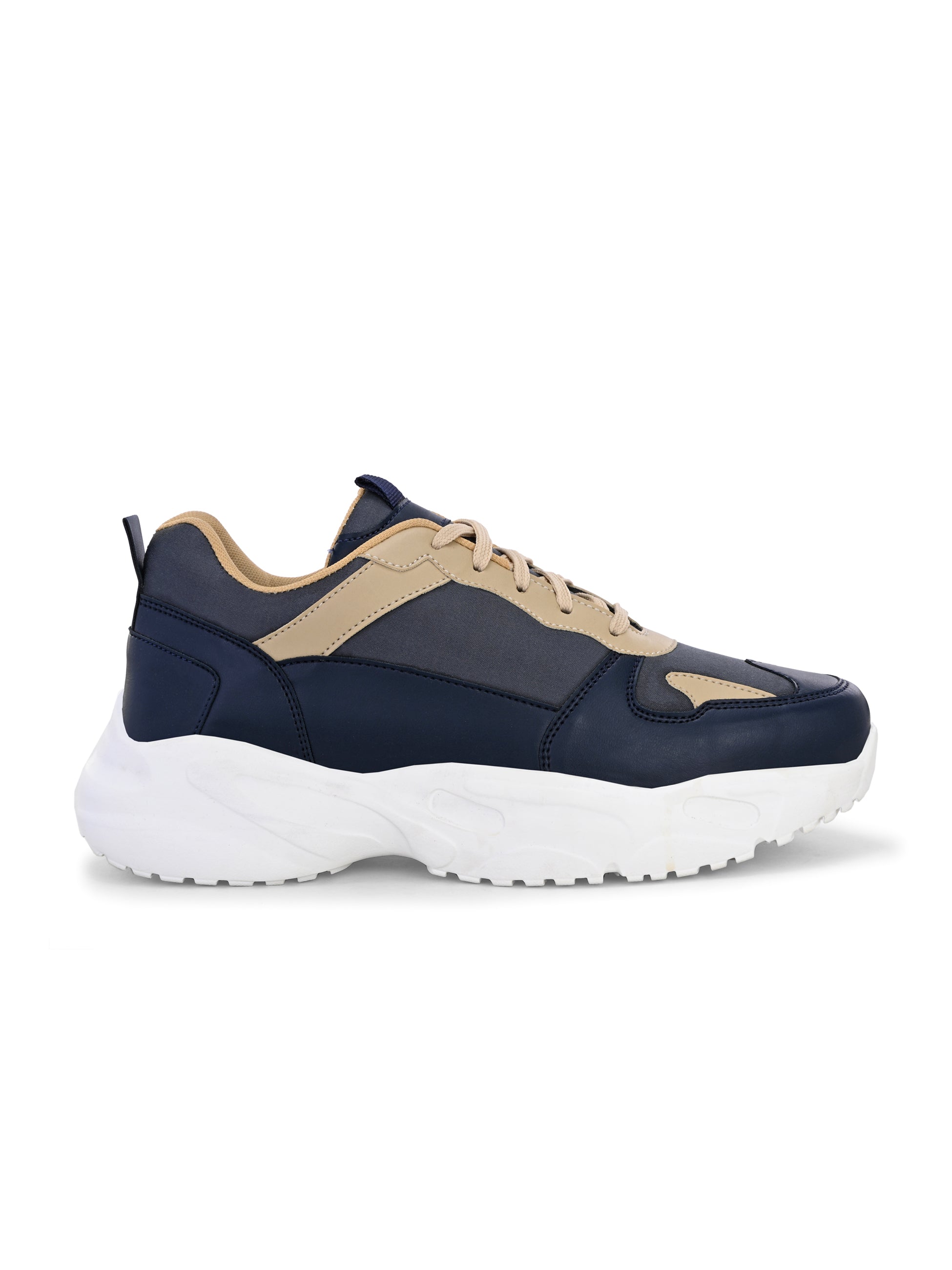 Navy blue and beige sneakers with a sleek design and durable chunky sole.