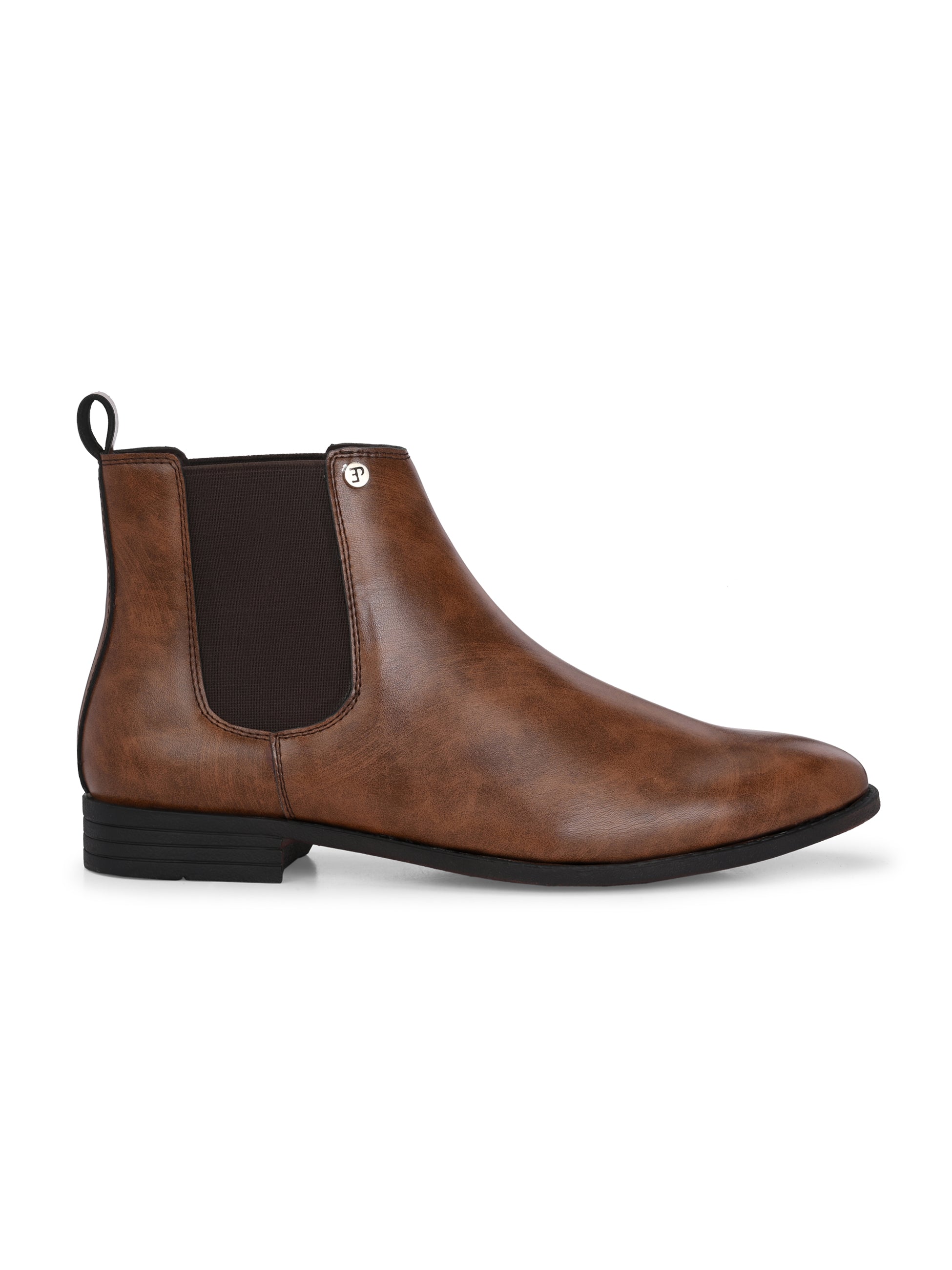 A sleek brown leather boot with elastic side panels, pull tab, low stacked heel, and a polished finish for a versatile look.