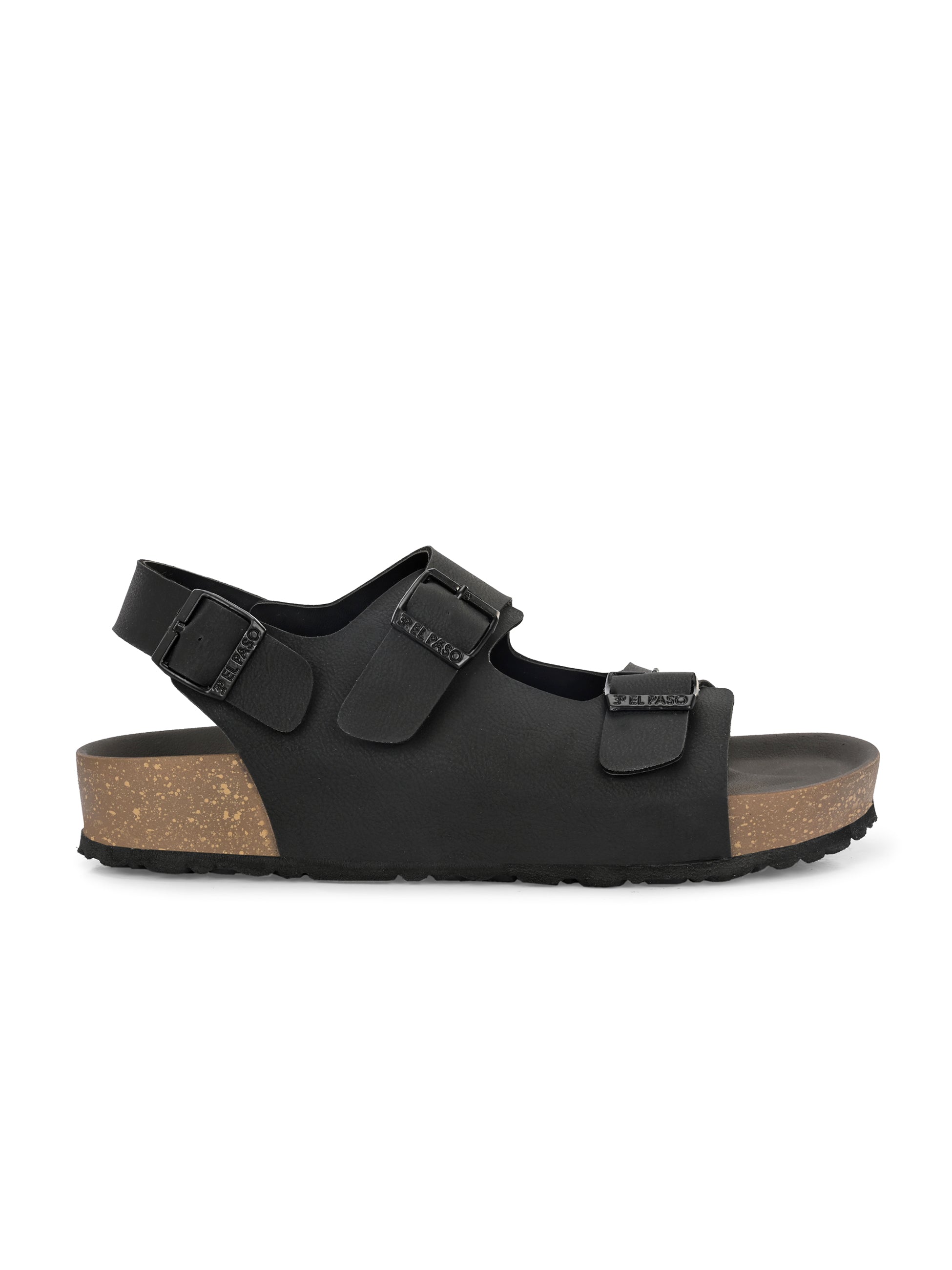 Black Men's casual flat heel buckle strap sandal with back strap closure 