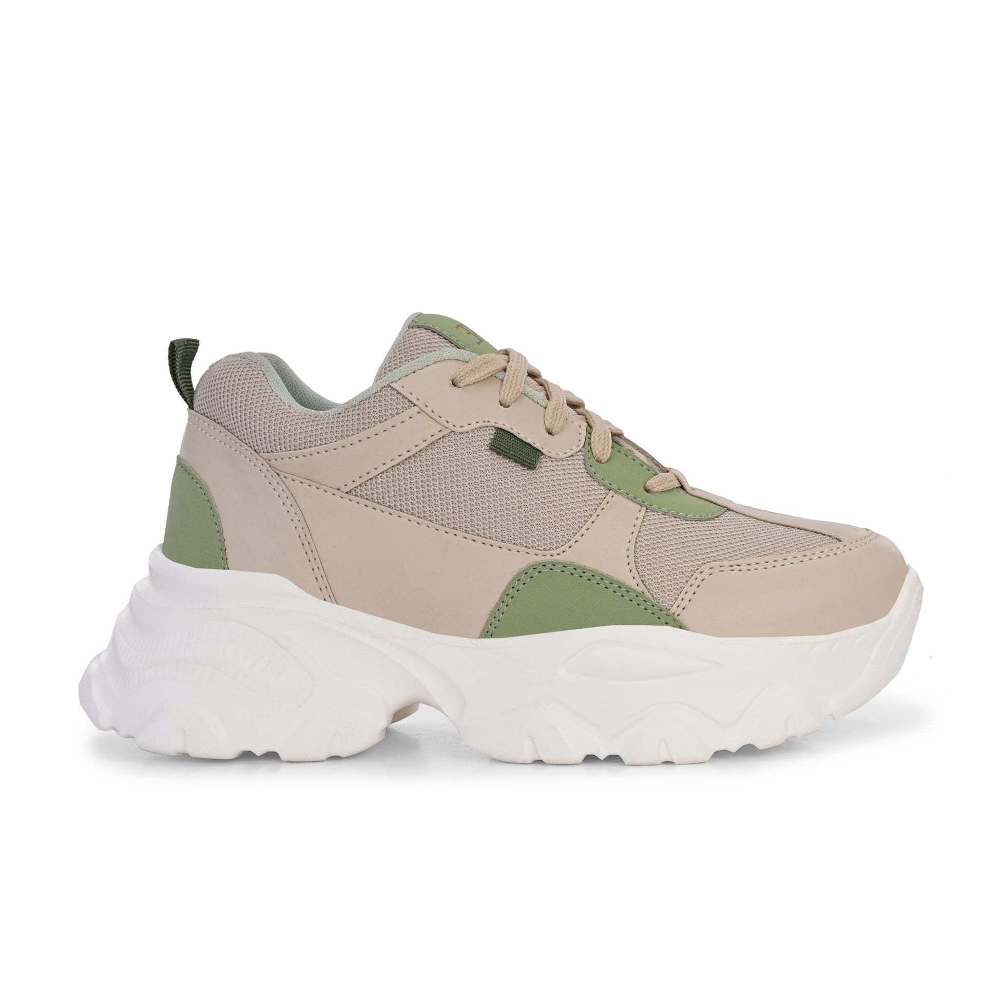 Beige and green chunky sneaker with a textured sole and modern design