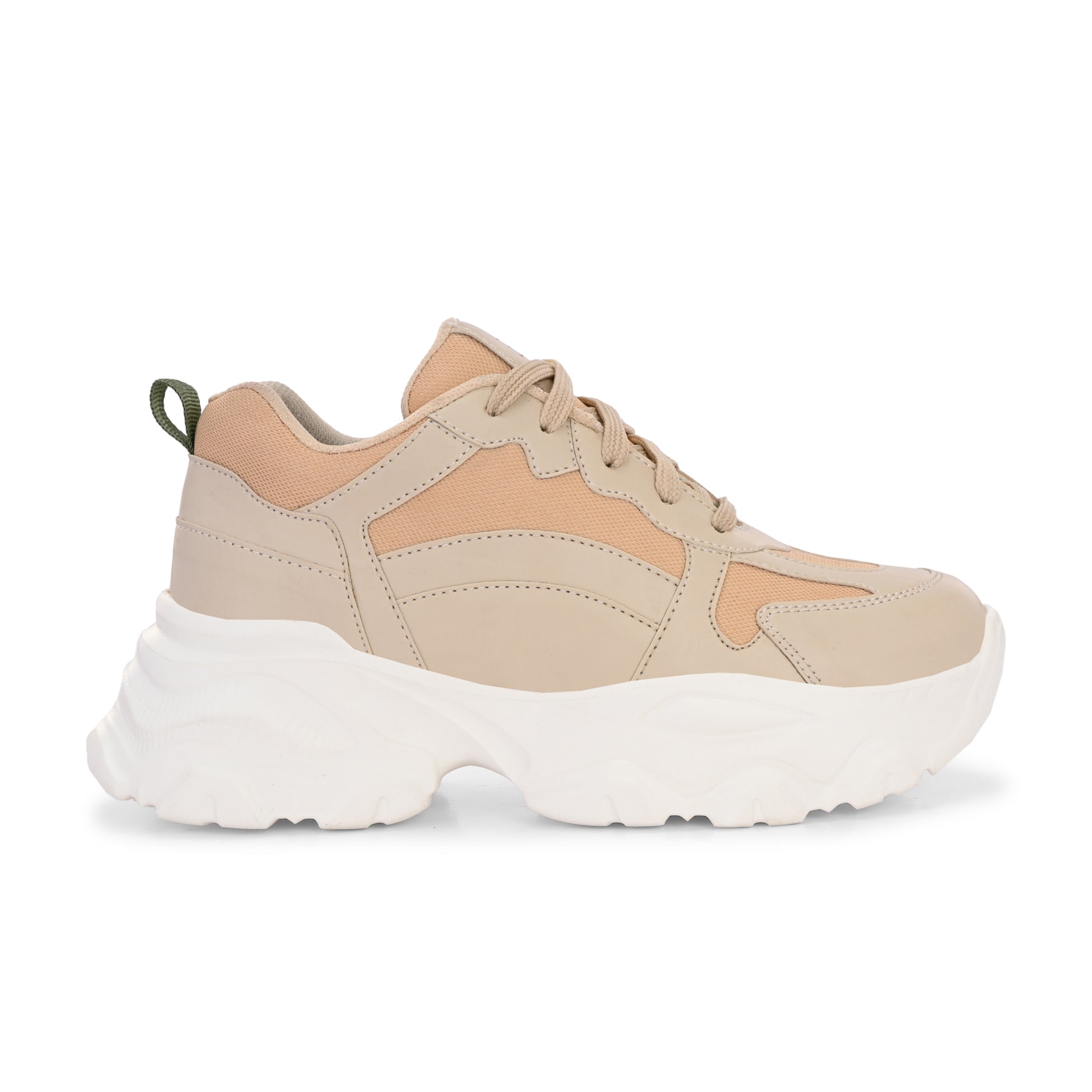 Beige chunky sneakers with a textured sole and mesh accents.