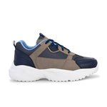 Navy blue and beige sneakers with a sporty chunky white sole