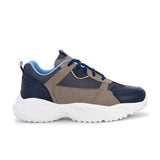 Navy blue and beige sneakers with a sporty chunky white sole