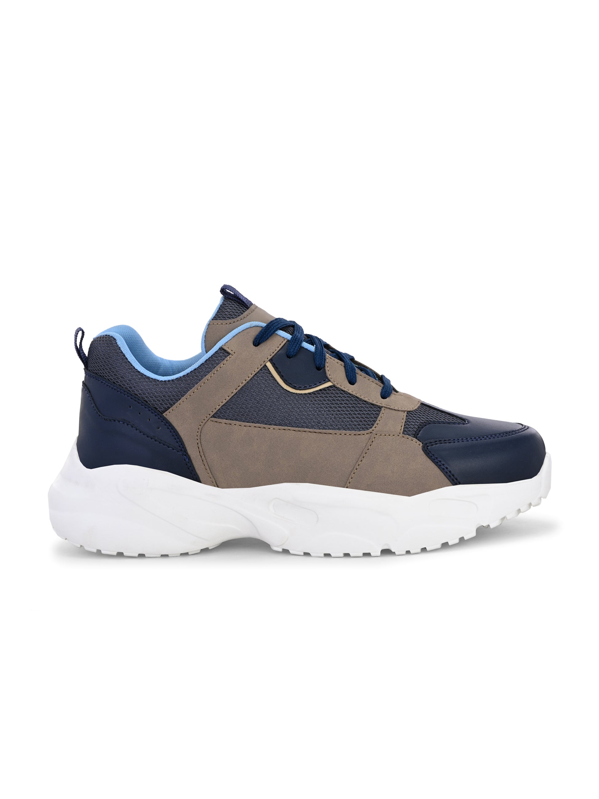 Navy blue and beige sneakers with a sporty chunky white sole